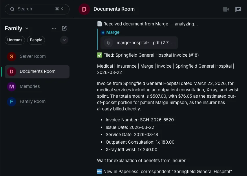 The family chat: a document from Marge is received and analyzed, then marked 'Filed: Springfield General Hospital Invoice' with tags, a summary, the extracted invoice facts, and a follow-up action item.