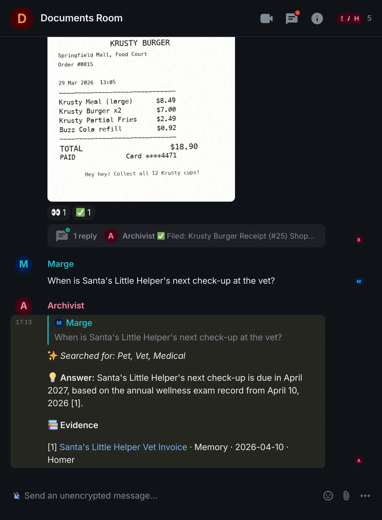 Element chat in the Documents room of the famstack demo family: a question about the dog's next vet check-up, and the archivist's answer with the vet invoice linked as its source