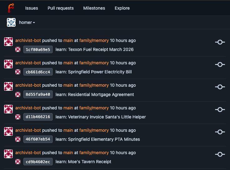 Forgejo push log of the memory repo: one learn commit per filed document