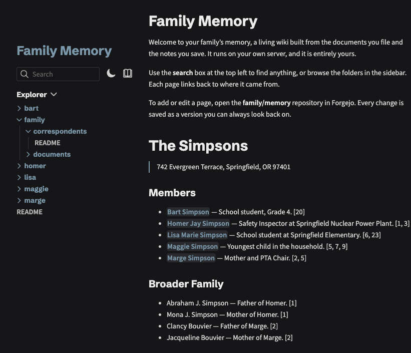 The generated wiki home page: the household at 742 Evergreen Terrace with one entry per family member, each fact cited