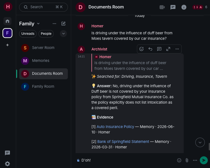 Element chat: Homer asks if driving under the influence of Duff beer is covered by the car insurance; the archivist answers no, with cited policy documents