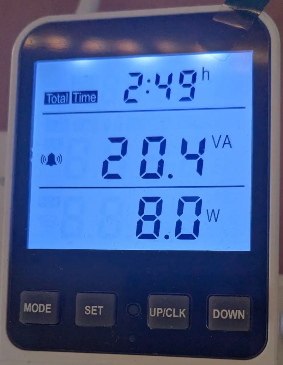 A plug-in wattmeter on the Mac Studio's power cable. The display reads 2:49 hours total time, 20.4 VA and 8.0 W.